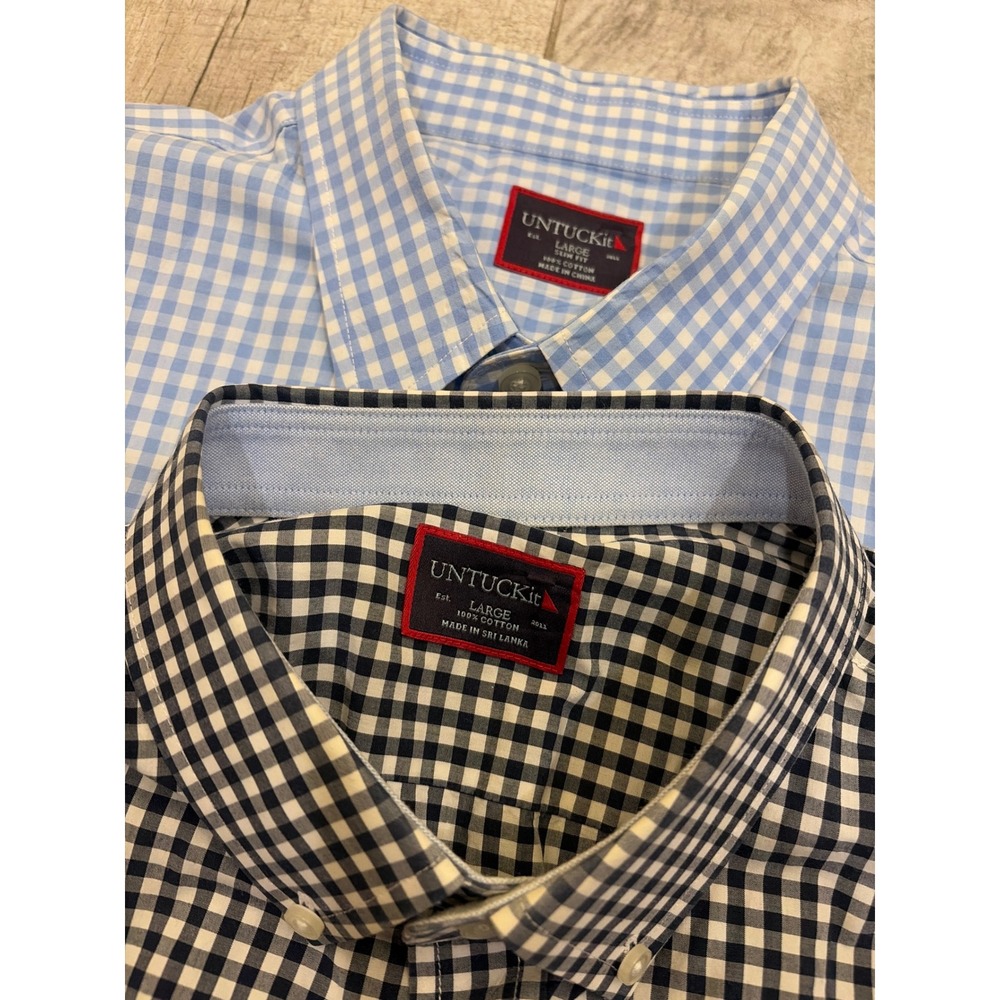 Lot of 2 UNTUCKit Mens Gingham Short Sleeve Shirts Large Blue Navy Slim Fit